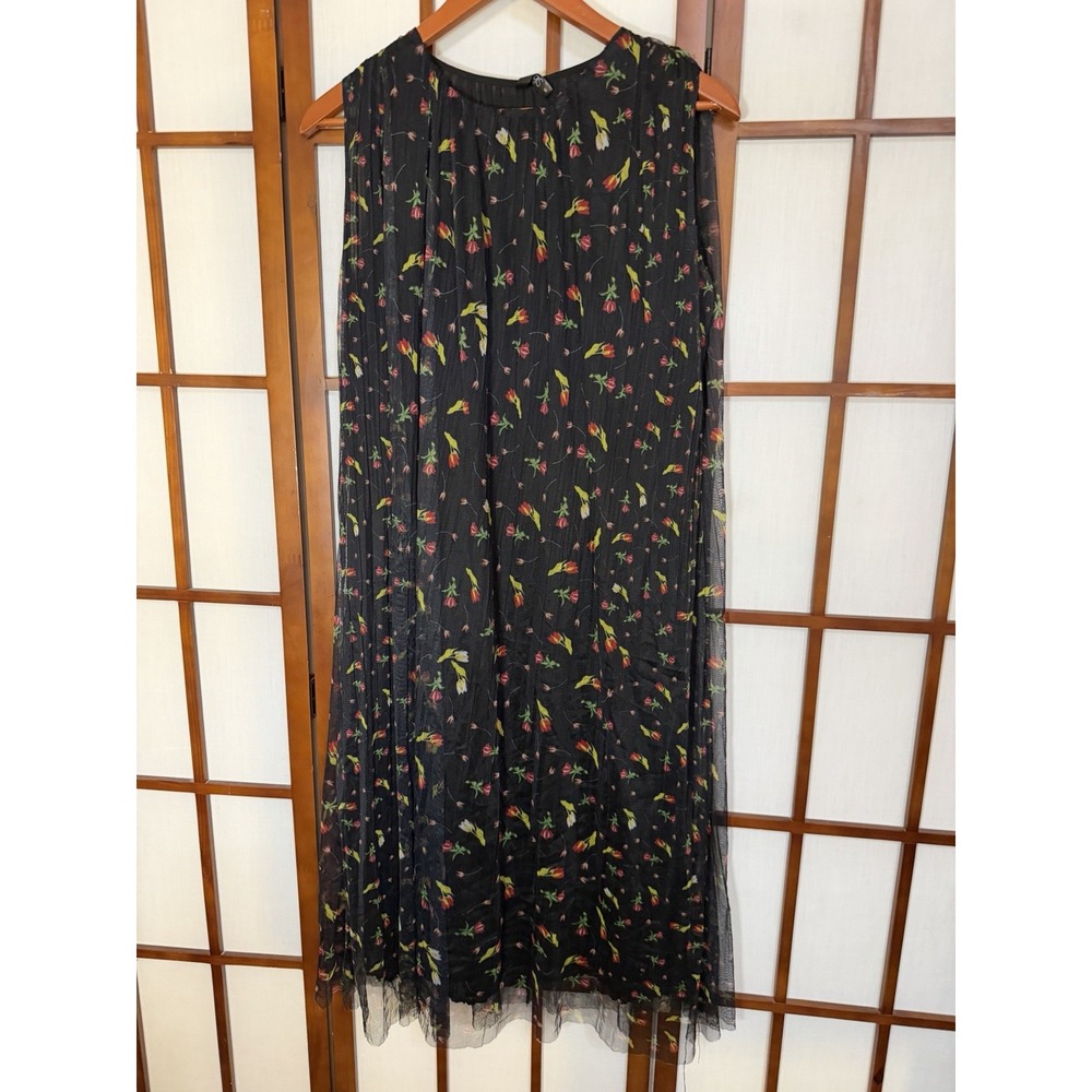 Lapis Black Crinkle Flowy High Neck Fall Midi Dress Oversized Size Small Whimsy